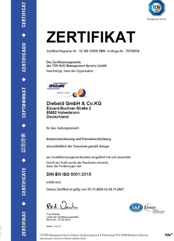 Vorschau des ISO-Zertifikats -9001-2015 - Deutsch - Diebald GmbH & Co. KG, Aus Hohenbrunn und Ismaning - Spezialist für Industrielackierung und Pulverbeschichtung